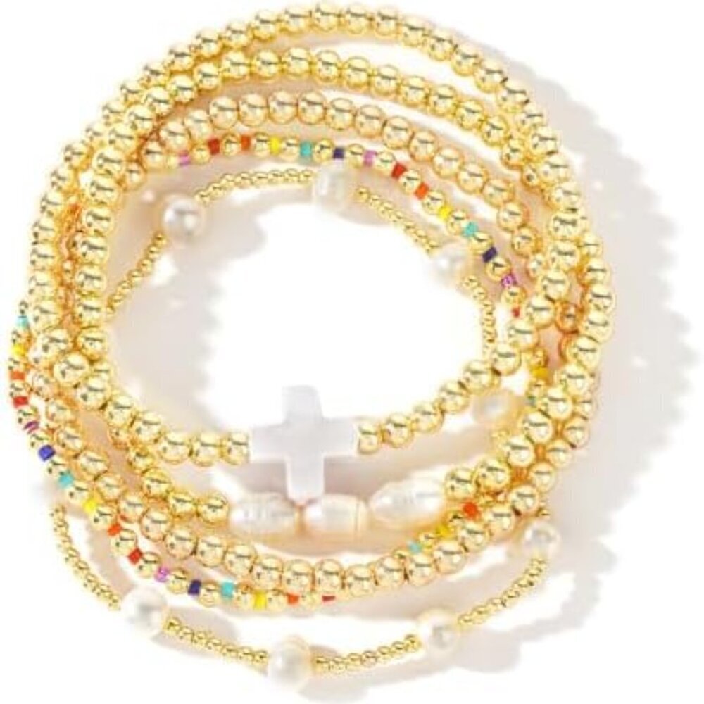 14K Gold Pearl Beaded Cross Bracelets Set for Women Boho Colorful Christian Jewe